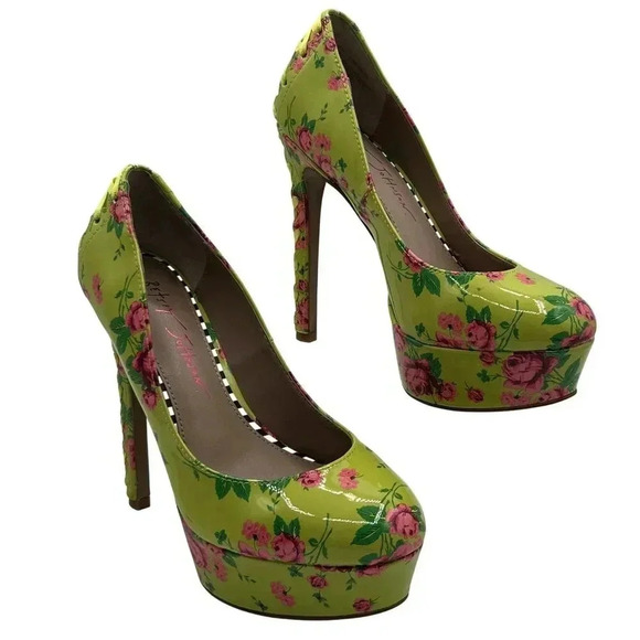 Betsey Johnson NEW Women 5M Floral Green High Heel Platform Pumps Lace Up Ribbon - Picture 15 of 15